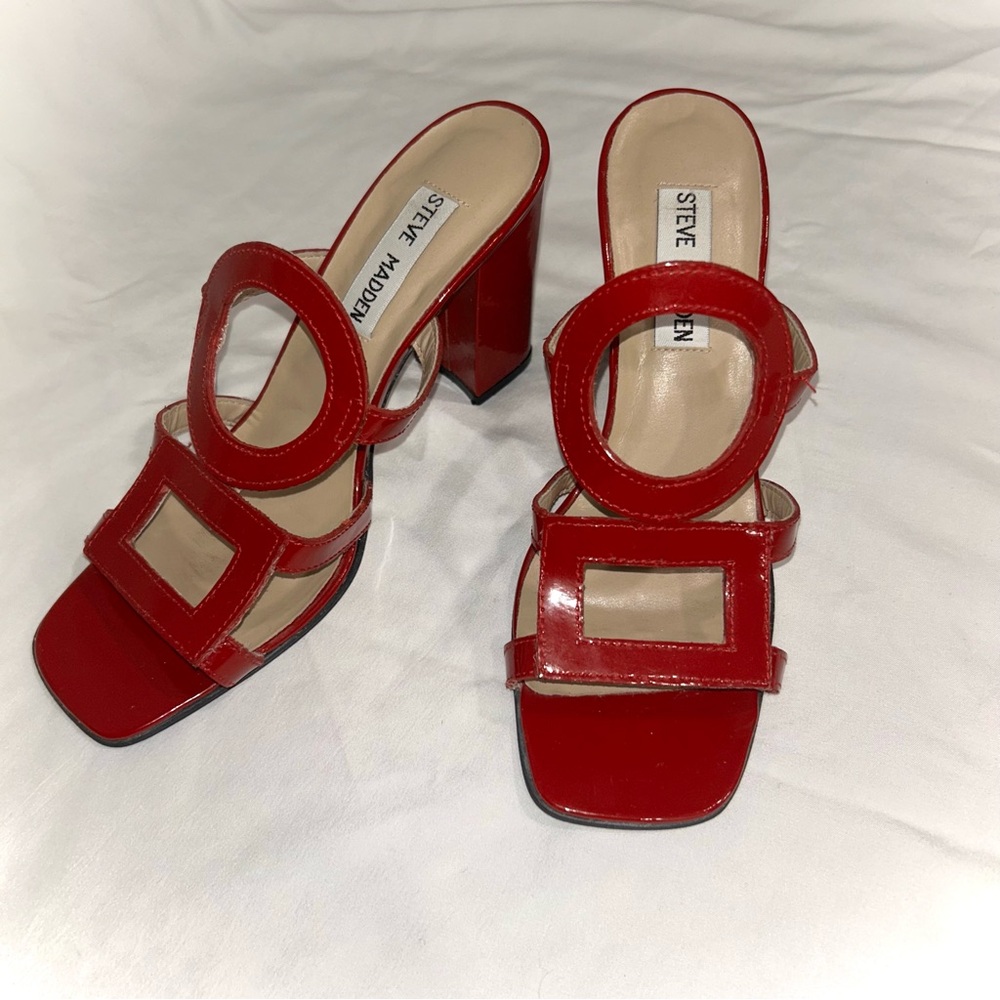 Patent Leather Red Steve Madden Heeled Sandals Square Toe